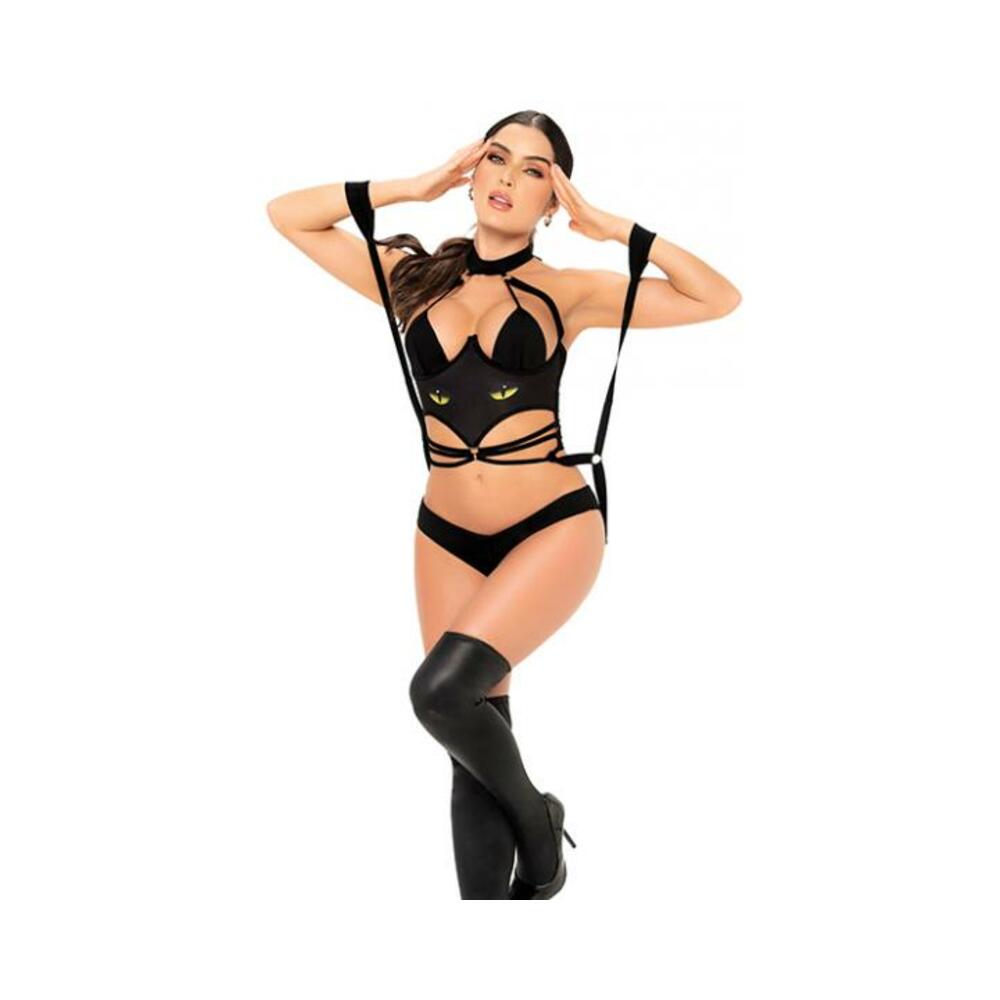 1 Pc Cat Girl Bodysuit W/attached Wrist Straps Black S/m