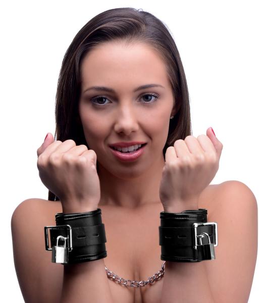 Locking Padded Wrist Cuffs With Chain Black