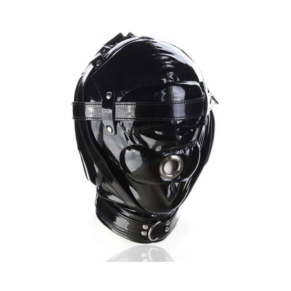 Ple'sur Shiny Pleather Locking Deprivation Hood With Single Nose Hole Black