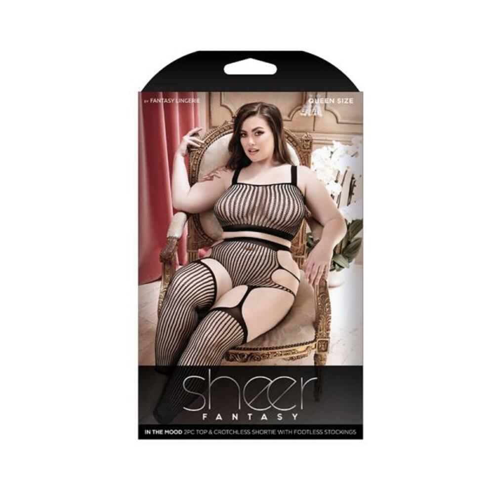 Sheer In The Mood 2-piece Crop Top & Crotchless Shortie With Attached Footless Stockings Black Queen