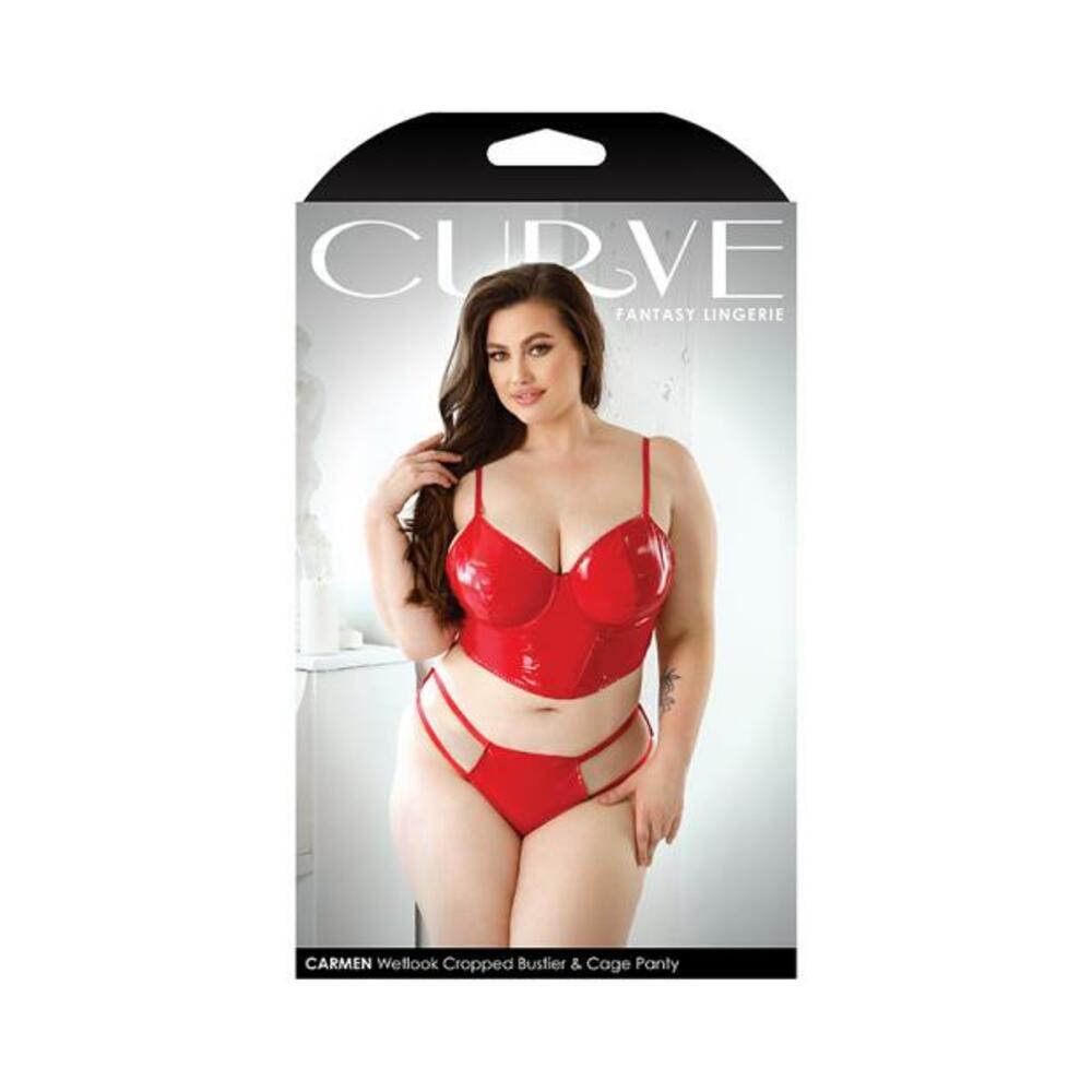 Curve Carmen Wetlook Cropped Bustier & Matching Cage Panty 1x/2x Red