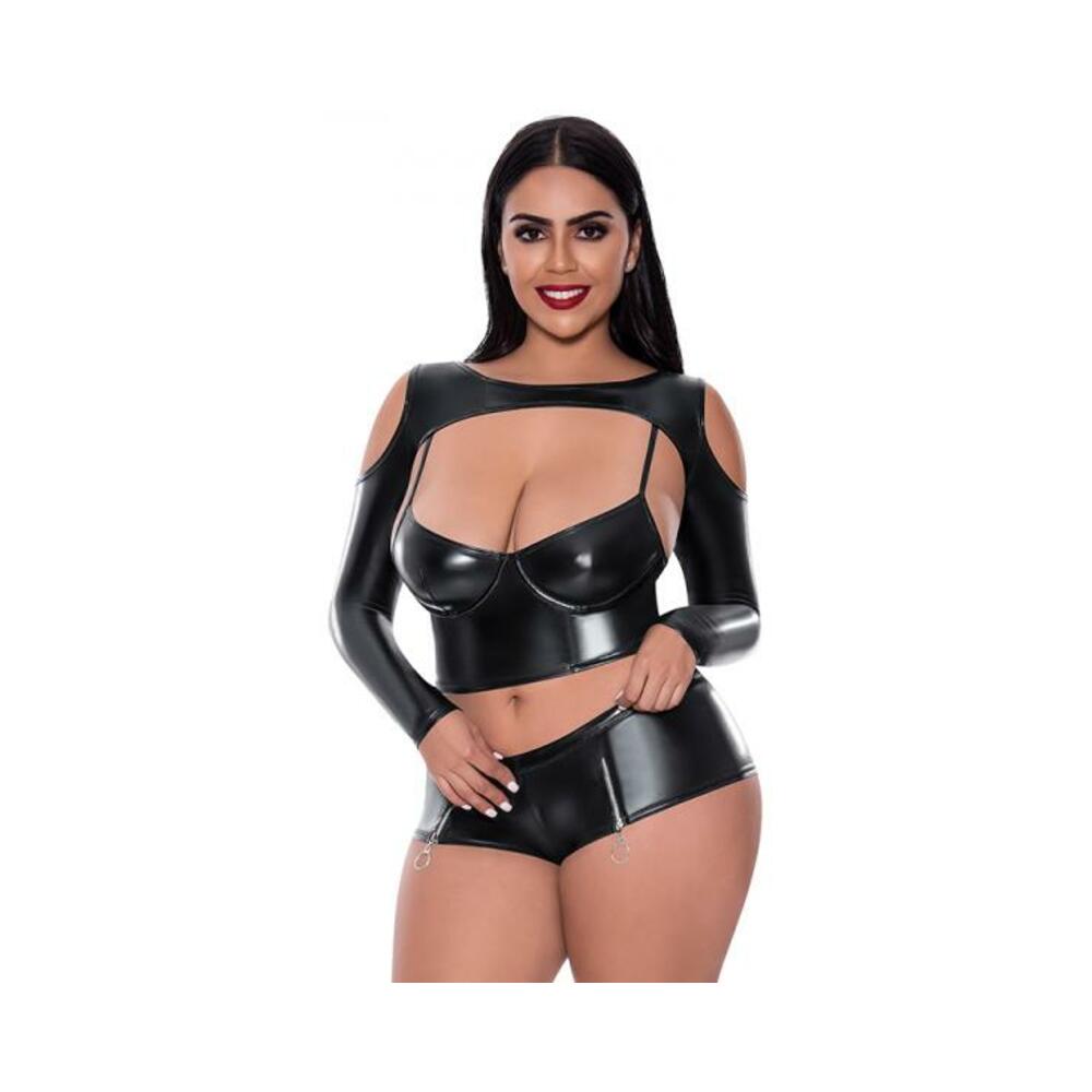 Magic Silk Liquid Onyx Camisole, Longsleeve Shrug & Short Set Black Queen