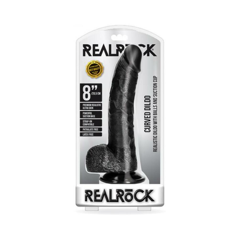 Realrock Curved Realistic Dildo With Balls And Suction Cup 8 In. Black