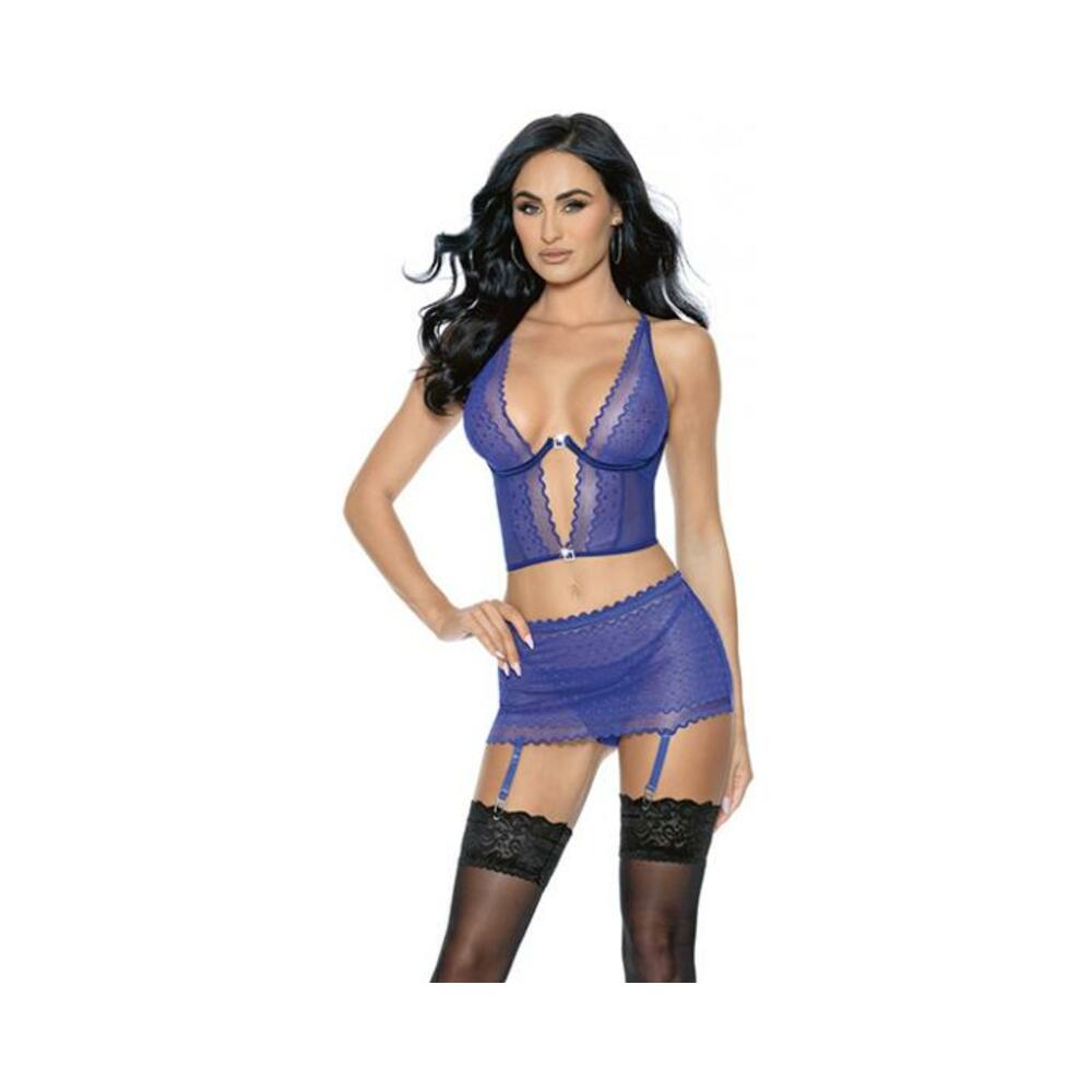 '=lace & Mesh Long Line Bra, Garter Skirt & G-string Midnight Blue Medium