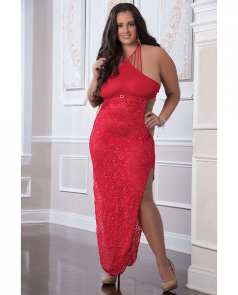 Shoulder Baring Laced Night Dress Red Qn