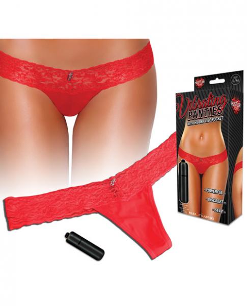 Vibrating Panties Lace Thong Hidden Vibe Pocket Red M/L