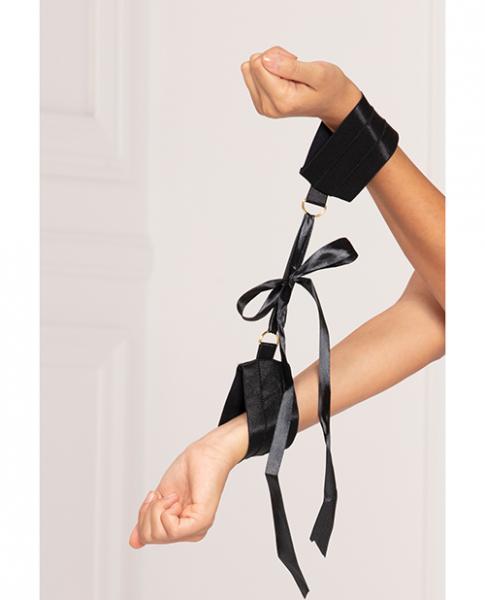 Satin Elastic Cuffs D-ring & Satin Ribbon Tie Black O/s